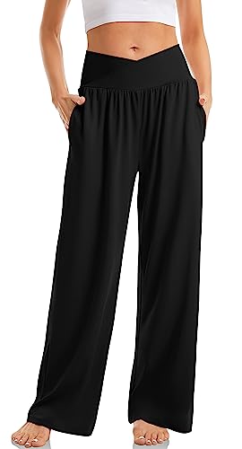 TARSE Womens Wide Leg Casual Loose Pants Yoga Sweatpants - color: Black, size: 3X-Large