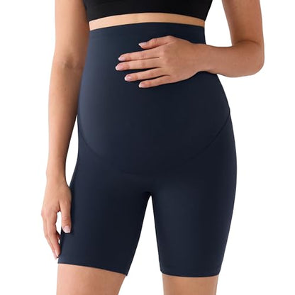 MOMANDA No Front Seam Maternity Biker Shorts 6" - color: Twilight Blue, size: X-Small