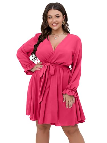 SCOMCHIC Women's Plus Size Long Sleeve Wrap V Neck A Line Mini Dress - color: Hot Pink, size: XX-Large Plus