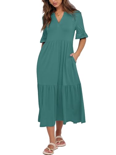CzzzyL Womens Nursing Dresses Ruffle Sleeve V Neck Tiered with Pockets - color: Greyblue, size: Medium