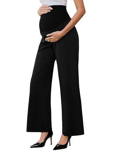 Ecavus Women's Maternity Pants Over Belly Seamless Stretchy Work Pants Maternity Wide Leg Pants with Pockets - color: Black-long, size: X-Small