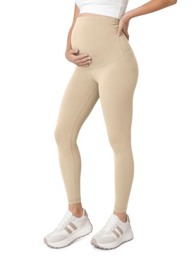 ODODOS Women's Maternity Leggings 25" - Buttery Soft Over The Belly Pregnancy Lounge Yoga Pants - color: Beige, size: X-Small