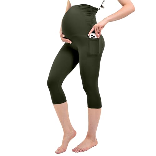 Ipletix Maternity Capris Leggings with Pockets Pregnancy Yoga Pants - color: Green, size: Medium
