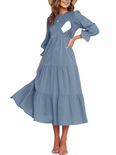 CzzzyL Women's Nursing Dress Smocked Bodice Ruched Midi with Pockets - color: Blue, size: Medium