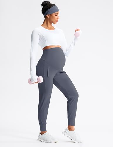 Mama Land Maternity Joggers Over Belly Pants with Zipper Pockets - color: Dusty Blue, size: Medium