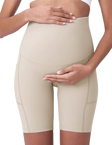 POSHDIVAH Maternity Biker Shorts Over the Belly with Pockets 5"/8" - color: Khaki, size: Medium