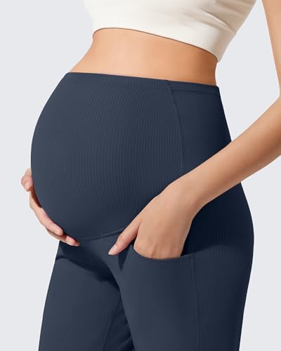 G4Free Ribbed Maternity Pants Yoga Flare Pregnancy Leggings Casual - color: Dark Navy, size: Medium