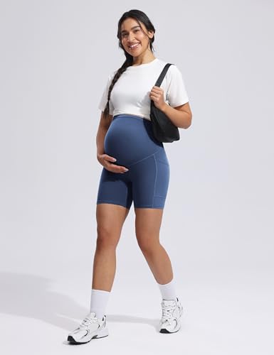 POSHDIVAH Creamluxe Maternity Biker Shorts with Pockets 6"/8" - color: Aegean Blue, size: Large