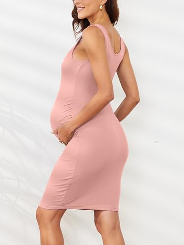 Ecavus Maternity Tank Dress, Maternity Bodycon Dress with Side Ruching - color: Rose Pink, size: Small