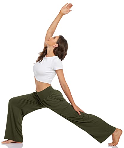 UEU Women's Wide Leg Lounge Pants High Waisted Casual Pants with Pockets - color: Army Green, size: Medium