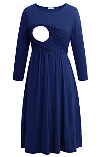 Smallshow Women's 3/4 Sleeve Maternity Nursing Dress for Breastfeeding - color: Navy, size: Medium