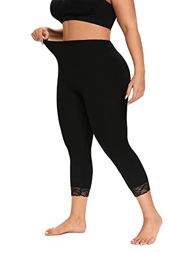 ELISS Women's Plus Size Capri Leggings,High Waited Soft Cropped Pants 3/4 Length Yoga Pants (1X-4X) - color: Black With Lace Trim, size: X-Large