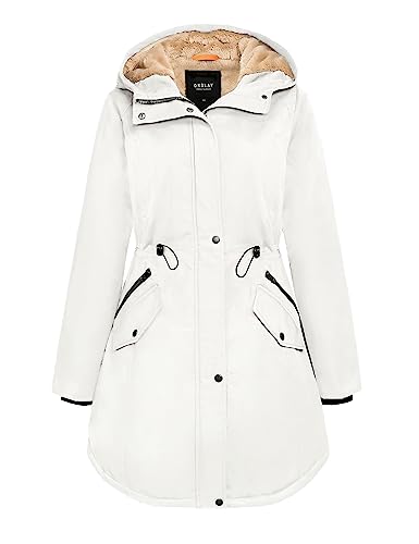 Orolay Women's Thicken Fleece Lined Parka Winter Coat Hooded Jacket with Pockets - color: Beige, size: Medium