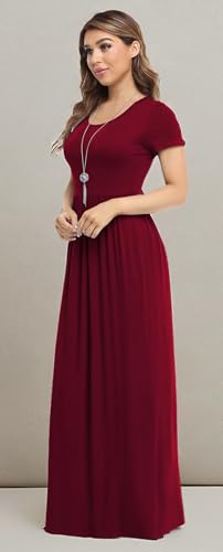 VIISHOW Women's Short Sleeve Loose Plain Maxi Dresses Casual Long Dresses with Pockets - color: Wine Red, size: Medium