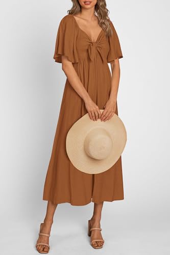 PRETTYGARDEN Women's Summer Bow Tie V Neck Midi Dresses - color: Brown, size: X-Large