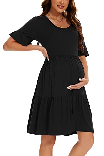 Smallshow Women's Maternity Dress Ruffle Short Sleeve Pregnancy Clothes - color: Black, size: Small