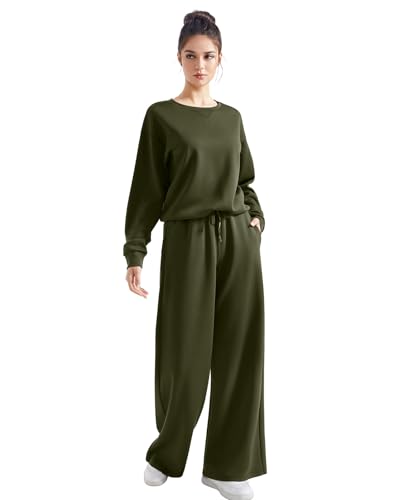 SUUKSESS Women 2 Piece Outfits Fall Oversized Sweatshirt Wide Leg Pants - color: Army Green, size: Medium