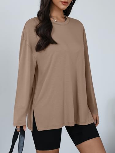 Trendy Queen Womens Oversized Side Slit Long Sleeve Shirts Fall Tops - color: Khaki, size: X-Large