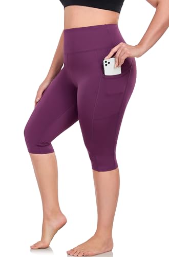 16" Womens Plus Size Capri Yoga Pants with Pockets 16" Knee Length - color: Purple, size: X-Large Plus