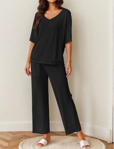 Ekouaer Lounge Sets for Women Comfy Pajamas Set 2 Piece Outfits - color: Black, size: XX-Large
