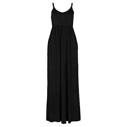 PRIMODA Women's Summer Casual Sleeveless V Neck Adjustable Spaghetti Strap Maxi Long Dress - color: Black, size: X-Large