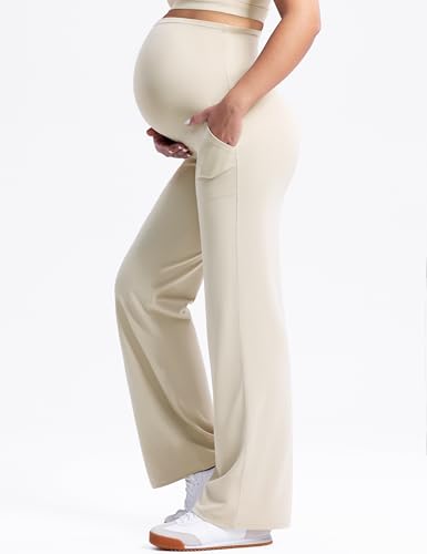POSHDIVAH Creamluxe Maternity Wide Leg Pants Pregnancy Work Trousers - color: Light Apricot, size: XX-Large