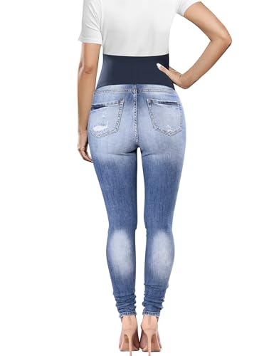 Maternity Jeans Over The Belly Slim Stretch Maternity Work Pants and Pocket - color: Light Blue, size: X-Large
