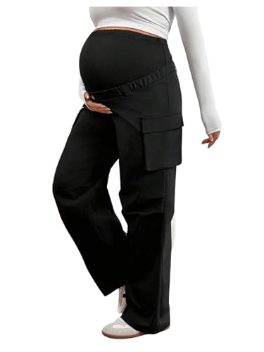MakeMeChic Women's Maternity Cargo Pants High Waisted Wide Leg Trousers - color: Black, size: Medium