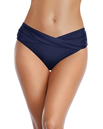 Women Twist Bikini Bottom Full Coverage Ruched Bathing Suit Bottoms - color: Navy Blue, size: XX-Small