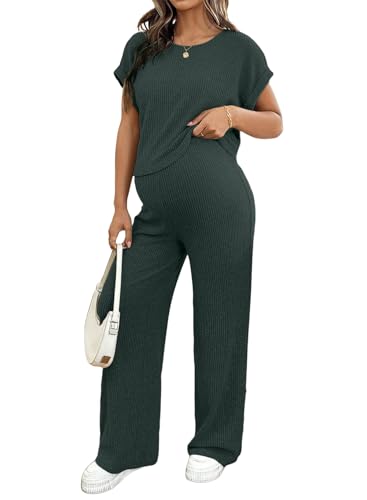 BLENCOT Maternity Sets Summer Ribbed Knit Pajamas Outfits - color: Dark Green, size: Medium