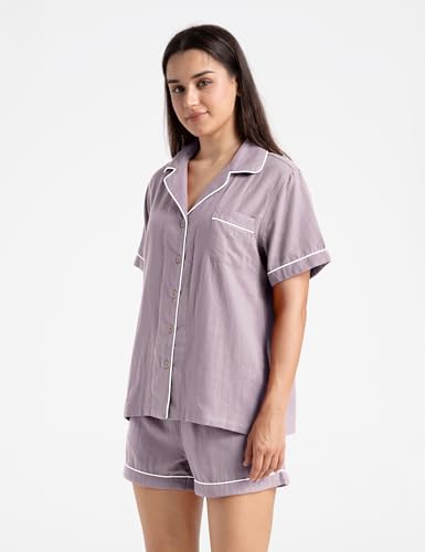 Womens Muslin Pajama Sets 100% Cotton Double Gauze Linen Like Short Pjs - color: Purple, size: Small
