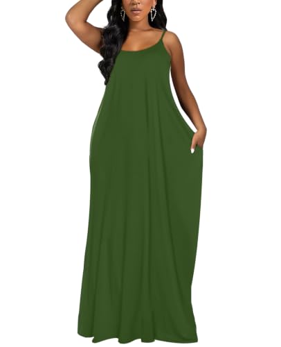 OFEEFAN Women's Maxi Dresses Summer Spaghetti Strap Dress with Pockets - color: Ae- Army Green, size: Medium