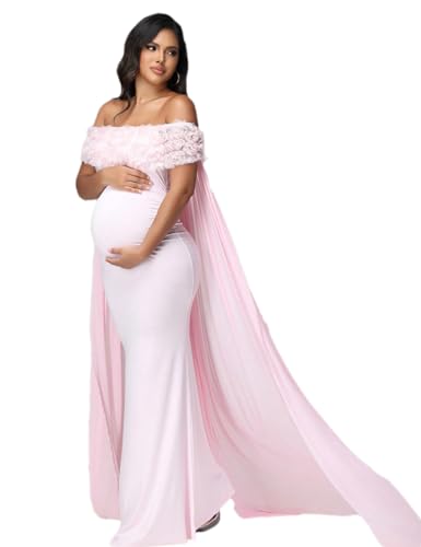 Maternity Mesh Off Shoulder Chiffon Cloak Maxi Photoshoot Dress - color: Pink-a, size: Medium