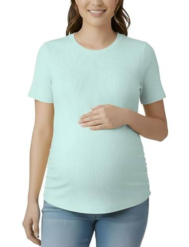 Motherhood Maternity Women's Short Sleeve Crew Neck Side Ruching Pregnancy Tee Shirt - color: Whispering Blue, size: Medium