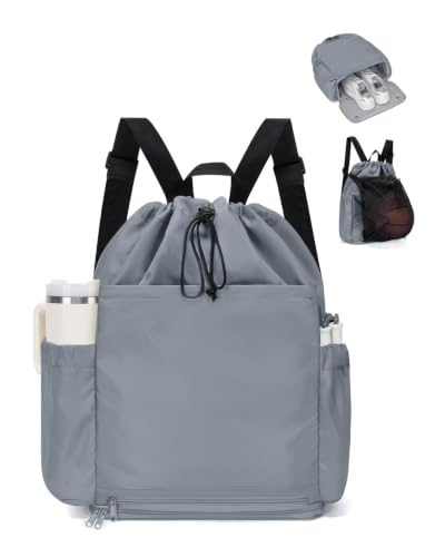 Drawstring Backpack with Shoe & Wet Compartments, Cup & Ball Holders, Gray - color: Gray