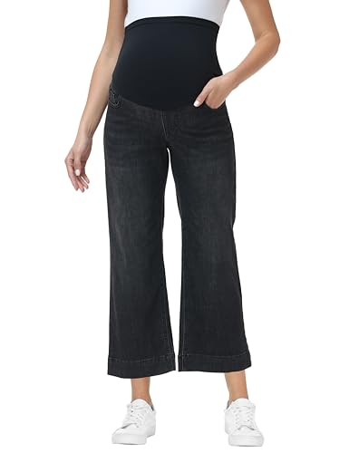 Foucome Women's Maternity Jeans Wide Leg Pregnancy Capris - color: Wash Black, size: Medium