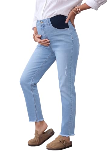 BLENCOT Womens Maternity Jeans High Waisted Pregnancy Denim Pants - color: Iceland Blue, size: Medium