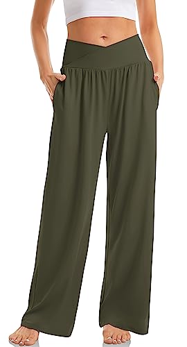 TARSE Womens Wide Leg Casual Loose Pants Yoga Sweatpants - color: Army Green, size: Medium