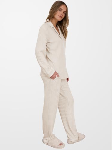 ANRABESS Women 2 Piece Pajama Lounge Sets 2026 Fall Outfits - color: Beige, size: Medium