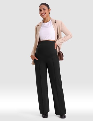 Mama Land Maternity Work Dress Pants, Stretchy Wide Leg with Pockets - color: Black, size: X-Large