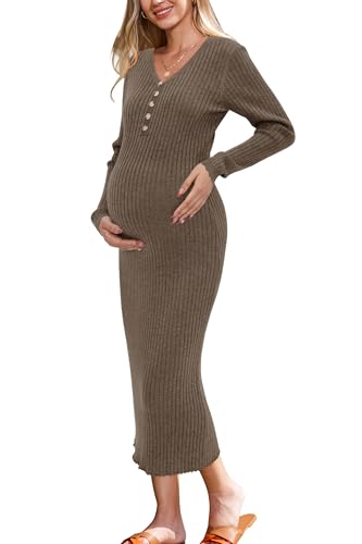 OUGES Women's Wool Blend Maternity Sweater Dress Fall Baby Shower Dress - color: Coffee, size: Small