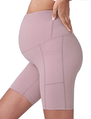 POSHDIVAH Maternity Biker Shorts Over the Belly with Pockets 5"/8" - color: Pink, size: X-Large