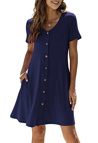 Manydress Women's Button Down Summer Dress Short Sleeve with Pockets - color: Dark Blue, size: Medium