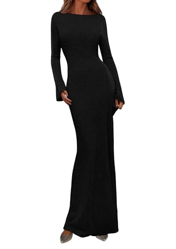 PRETTYGARDEN Women's Fall Long Sleeve Bodycon Maxi Dresses - color: Black, size: Small