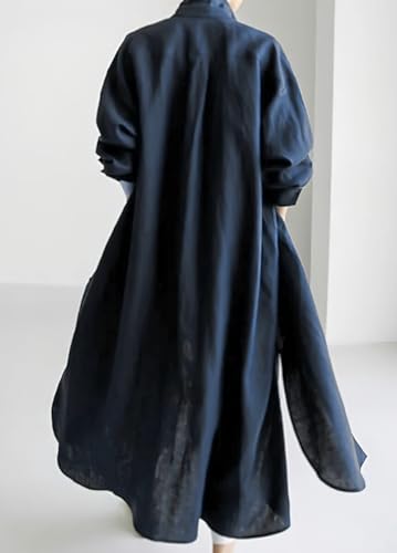 chouyatou Women's Spring Button Down Cotton Shirt Dress Summer Flowy Side Slit Maxi Shift Dress - color: Navy Blue, size: Medium