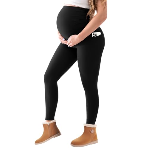 Walifrey Maternity Fleece Lined Leggings with Pockets - color: Black, size: X-Large