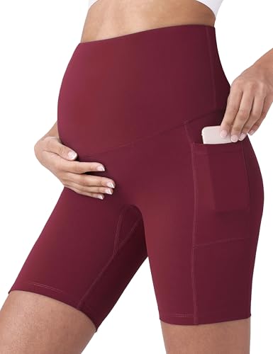 POSHDIVAH Maternity Biker Shorts Over the Belly with Pockets 5"/8" - color: Wine Red, size: Medium