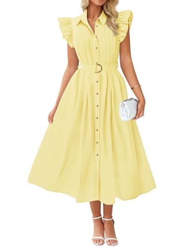 ZESICA Womens Summer Button Midi Dress Casual Work Dresses - color: Light Yellow, size: Medium
