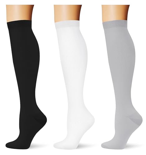 (3 pairs) Compression Socks 20-30 mmHg Long Knee High Socks for Women Men Support Athletic Travel Daily Wear - color: 3p7 Black/White/Lightgrey, size: Large-X-Large