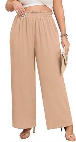 Lastshe Women's Plus Size Wide Leg Pants Elastic High Waist Hide Drawstring Loose Work Pants Palazzo Trousers with Pockets - color: Khaki, size: 5X
